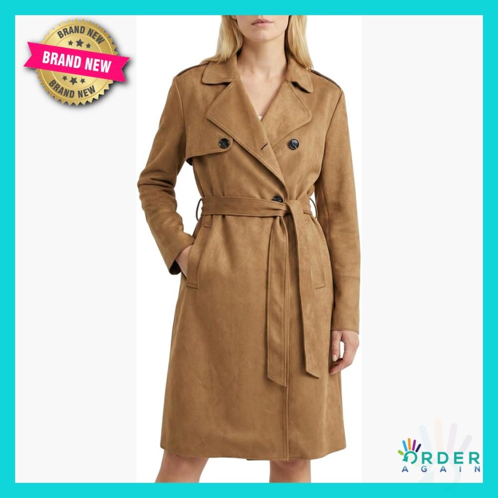 Faux Suede Trench Coat Classic Elegant Long Double-Breasted Notched Collar